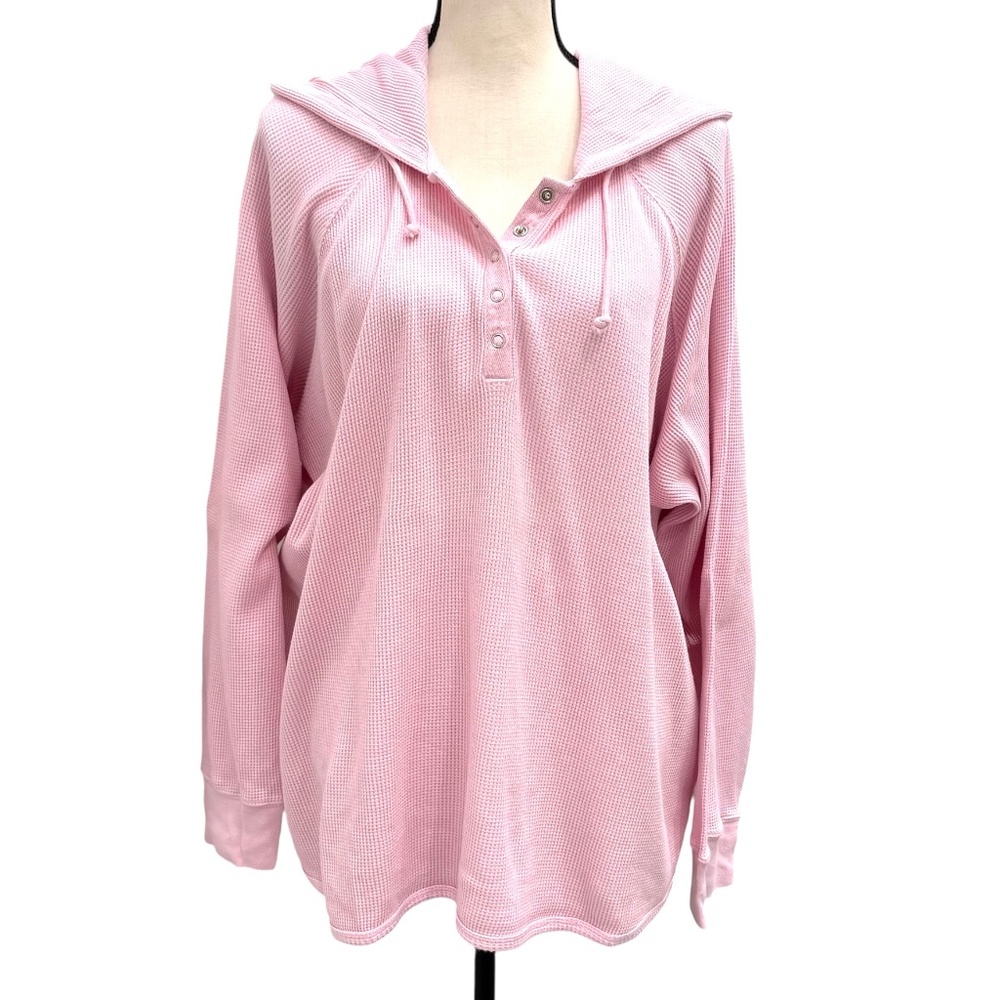 MODA INTERNATIONAL PINK LONG SLEEVE WAFFLE KNIT HENLEY STYLE HOODIE SWEATSHIRT